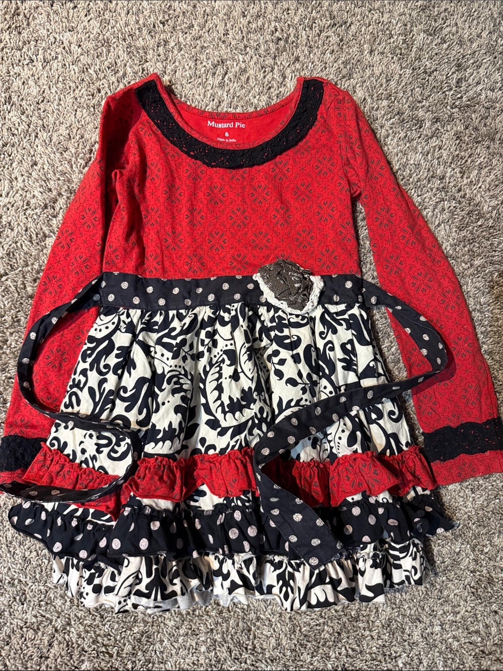 Mustard Pie Red, Black and Cream Ruffle-Trim Dress